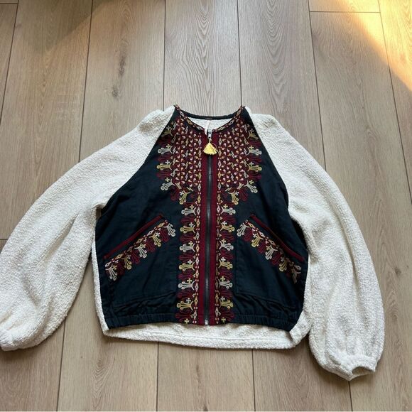 Free People Two Faced Embroidered Jacket Blue Cream Size Small - Picture 12 of 16